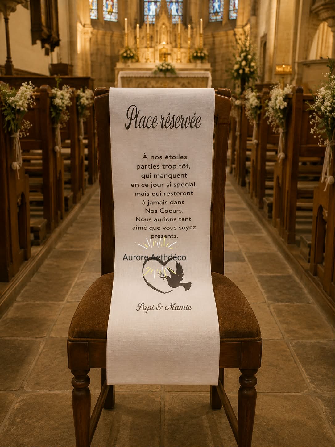 Drap commémoratif place réservée personnalisable mariage ou baptême pour rendre hommage à vos être chers disparus. Tissu de chaise défunts – Image 3