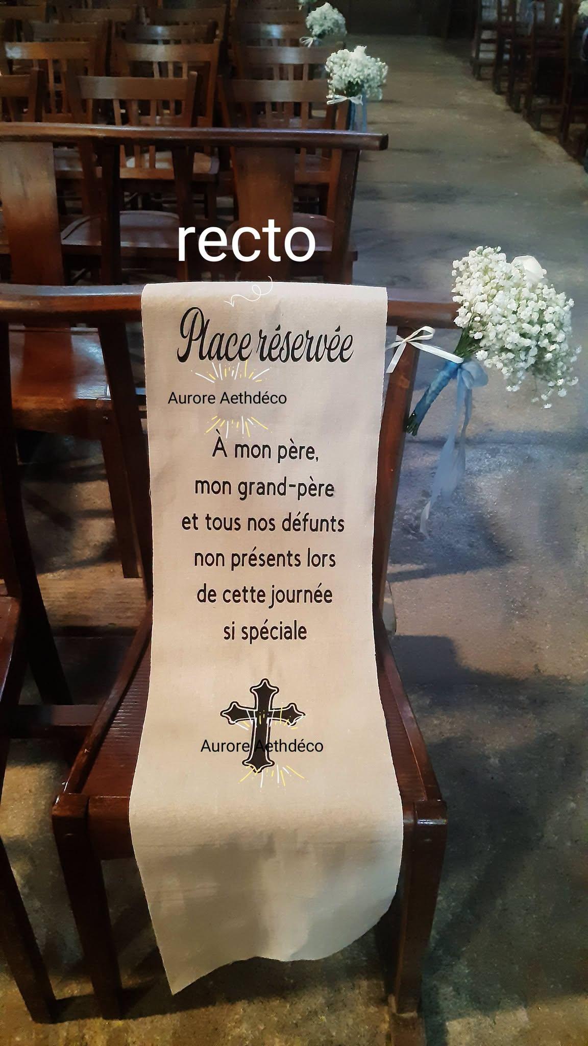 Drap commémoratif place réservée personnalisable mariage ou baptême pour rendre hommage à vos être chers disparus. Tissu de chaise défunts