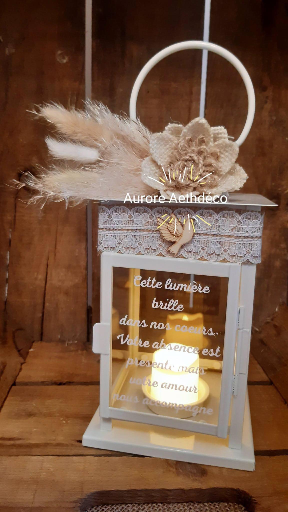 Lanterne hommage défunts blanche 20 cm personnalisée bohème champêtre pour mariage ou baptême