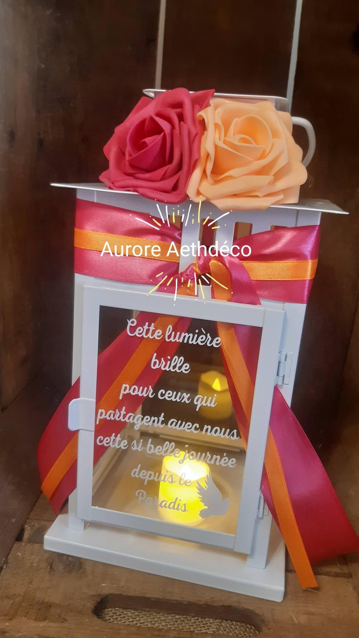 Lanterne hommage défunts blanche 28cm personnalisée orange fuschia pour mariage ou baptême
