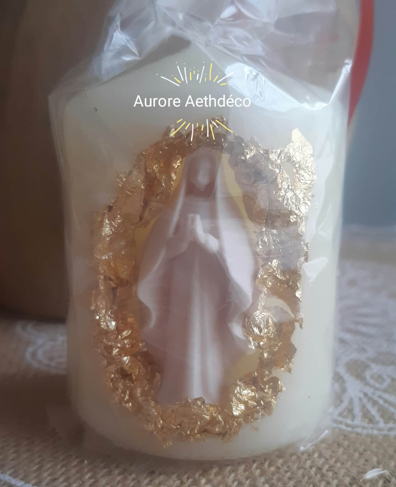 Petite Bougie Artisanal Vierge Marie & Feuille d'Or (8 cm)