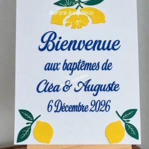 Panneau de Bienvenue Personnalisé pour baptêmeThème Citron & Dolce Vita (30 x 40 cm)
