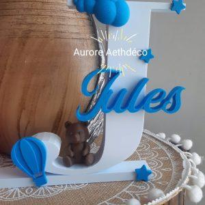 Initiale "J" Personnalisée en Relief avec Prénom — Thème Montgolfière, Nuage, Ourson & Étoiles (Décoration Chambre Bébé / Enfant)