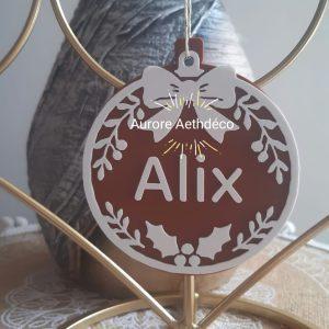 🎄 Boule de Noël Personnalisée pailletée avec Prénom – Motif Nœud & Couronne Végétale
