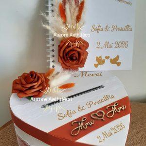Ensemble Mariage Terracotta & Dentelle – Urne Cœur, Livre d'Or Personnalisé & Fleurs Séchées