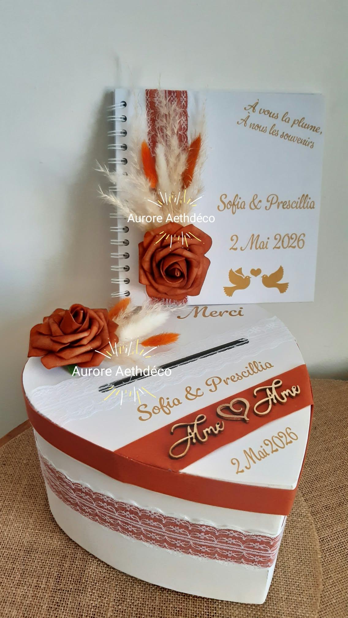 Ensemble Mariage Terracotta & Dentelle – Urne Cœur, Livre d'Or Personnalisé & Fleurs Séchées