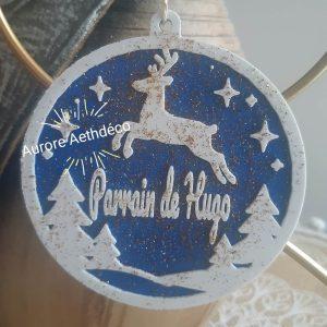 Boule de Noël Paillettée Personnalisée « Parrain » — Décoration Sapin Ciel Étoilé & Renne