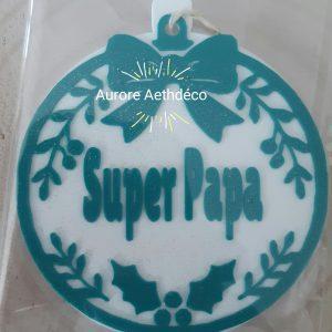 🎄 Boule de Noël Personnalisée Super Papa – vert Pailleté & Blanc ("Mamie Chérie", Prénom ou Rôle au choix)
