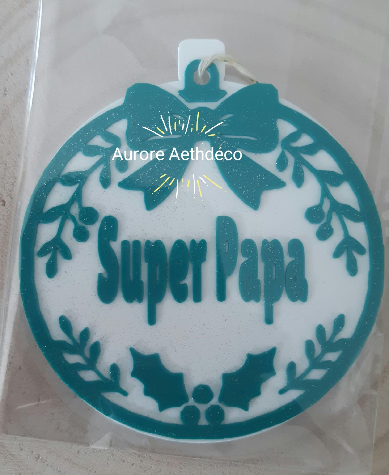 🎄 Boule de Noël Personnalisée Super Papa – vert Pailleté & Blanc ("Mamie Chérie", Prénom ou Rôle au choix)