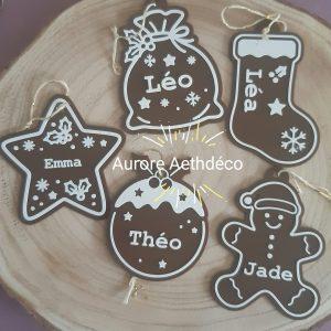 Suspension de Noël Personnalisée : pain d'Épices, renne, sapin, botte, sac, étoile, boule,  ourson avec Prénom