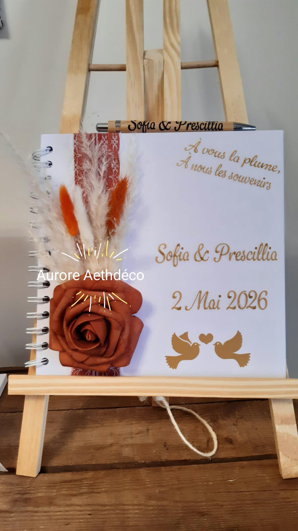 Livre d'Or Personnalisé terracotta dentelle & Fleurs Séchées Avec Stylo Offert
