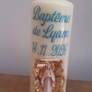 Bougie personnalisée pour baptême fille ou garçon. Edition Vierge Marie et feuilles d'or