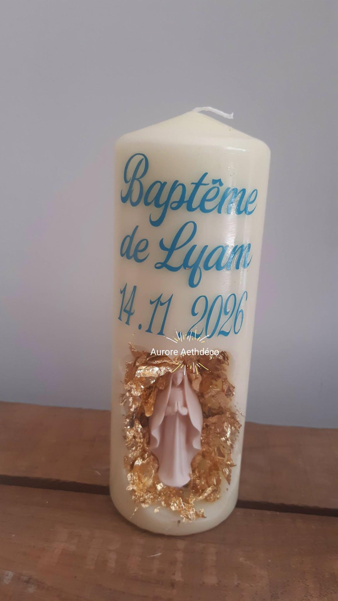 Bougie personnalisée pour baptême fille ou garçon. Edition Vierge Marie et feuilles d'or