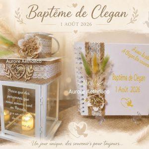 Ensemble Décoration Baptême Bohème — Livre d'Or & Lanterne Souvenir Assortis (Toile de Jute, Dentelle & Fleurs Séchées)