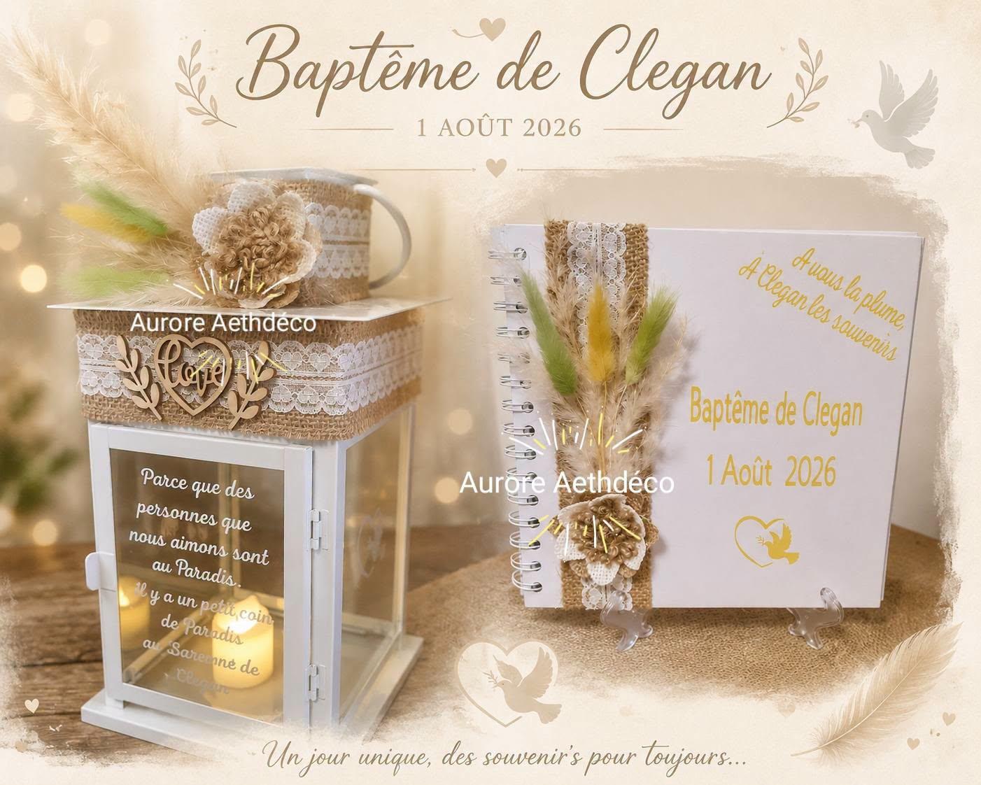 Ensemble Décoration Baptême Bohème — Livre d'Or & Lanterne Souvenir Assortis (Toile de Jute, Dentelle & Fleurs Séchées)