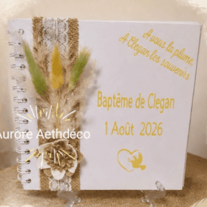 Livre d'Or Personnalisé Baptême & Cérémonie — Style Champêtre Bohème (Jute, Dentelle, Fleurs Séchées & Colombe)