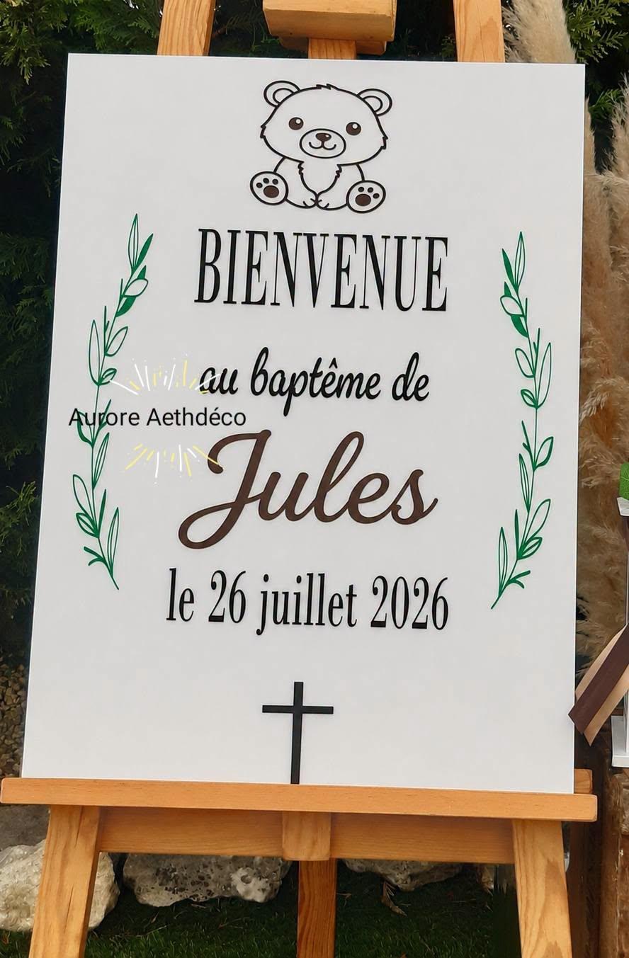 Panneau de Bienvenue Personnalisé Thème Ourson & Feuillage (50 x 70 cm) — Baptême, Baby Shower, Anniversaire